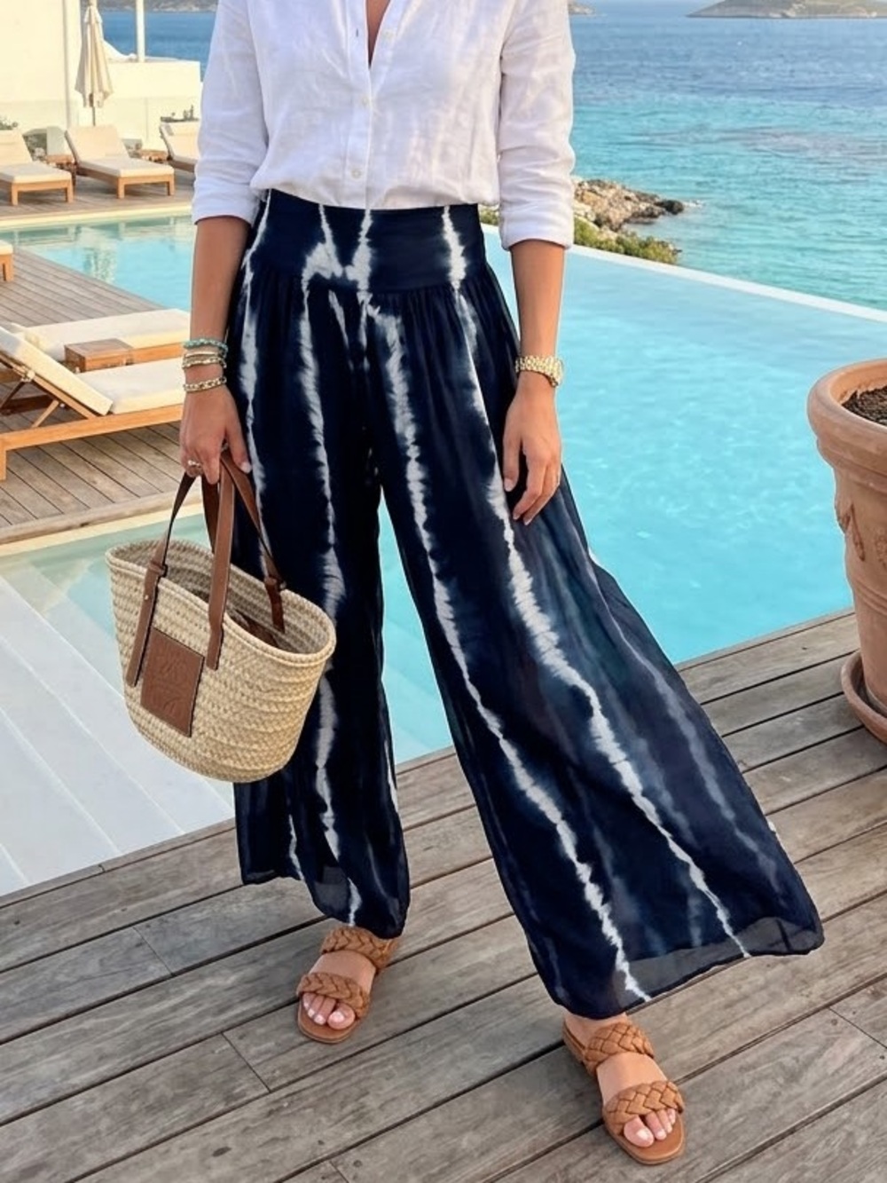 Boston Proper Blue Tie Dye Wide Leg Palazzo Pant L Boho Coastal Resortwear FLAW